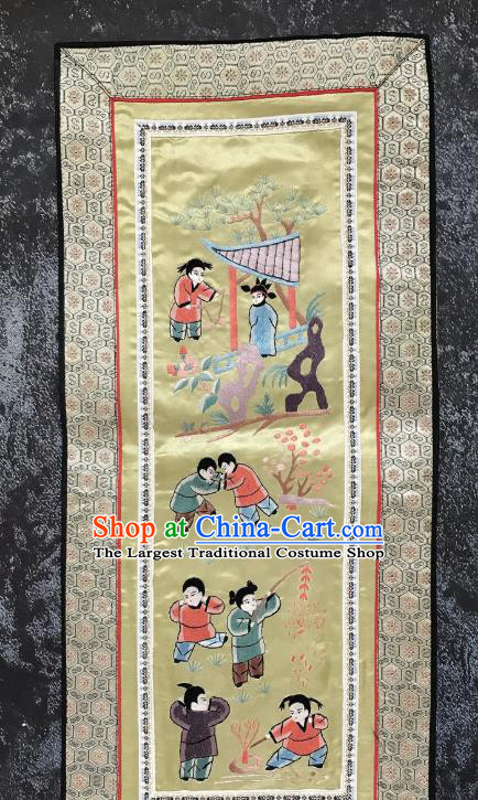 Chinese National Embroidered Eight Kids Paintings Traditional Handmade Embroidery Decorative Light Yellow Silk Picture Craft