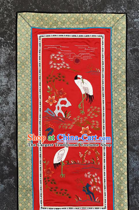 Chinese National Embroidered Pine Cranes Red Silk Paintings Traditional Handmade Embroidery Decorative Picture Craft