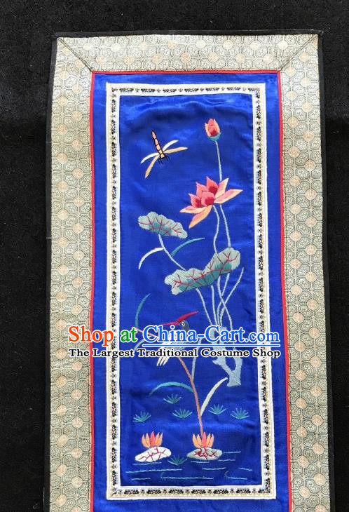 Chinese National Embroidered Dragonfly Lotus Royalblue Silk Paintings Traditional Handmade Embroidery Decorative Picture Craft