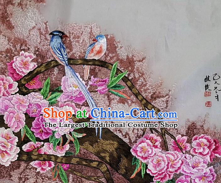Traditional Chinese Embroidered Peach Flower Birds Fabric Hand Embroidering Dress Applique Embroidery Veil Patches Accessories