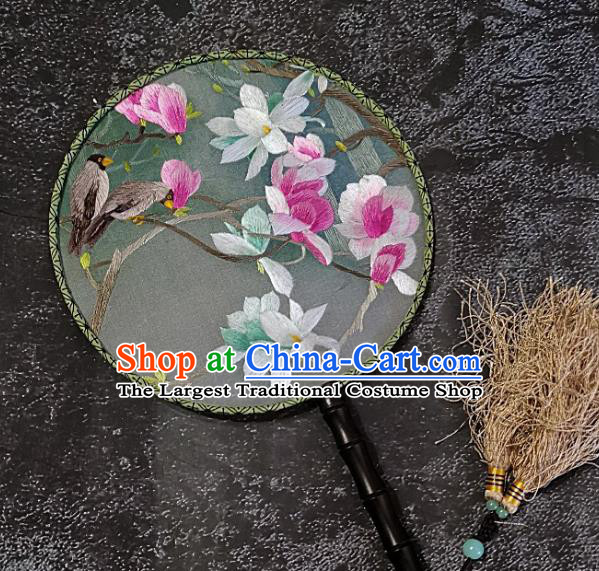 Chinese Traditional Embroidery Mangnolia Silk Palace Fans Handmade Embroidered Round Fan Craft