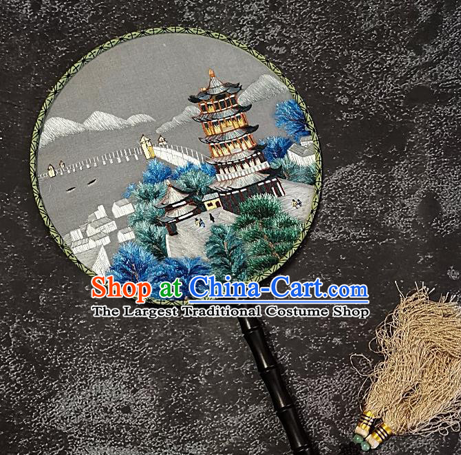 Chinese Traditional Double Sizes Embroidered Palace Fans Handmade Embroidery Leifeng Pagoda Round Fan Silk Fan Craft
