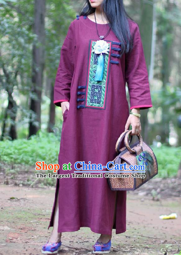 Traditional Chinese Embroidered Wine Red Dress National Costume Tang Suit Gown Garment Cheongsam for Women