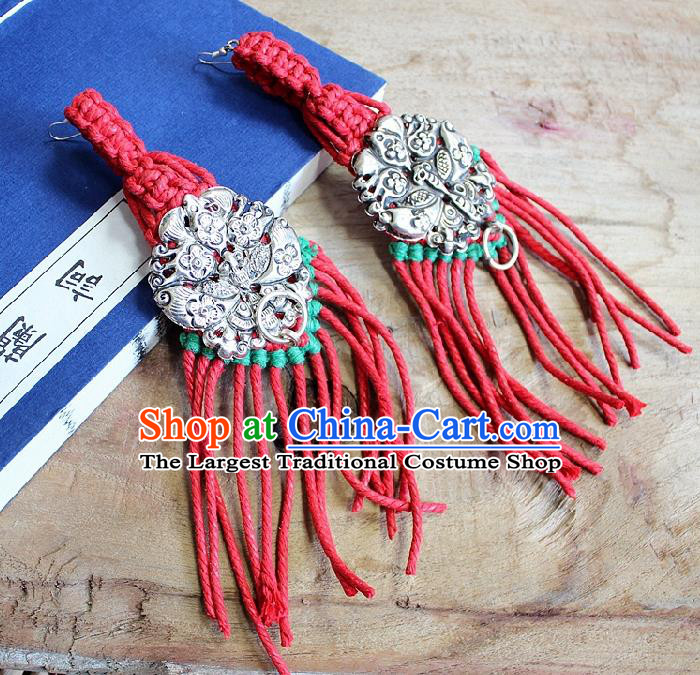 Chinese Handmade Miao Nationality Red Sennit Tassel Ear Accessories Traditional Minority Ethnic Silver Butterfly Earrings for Women