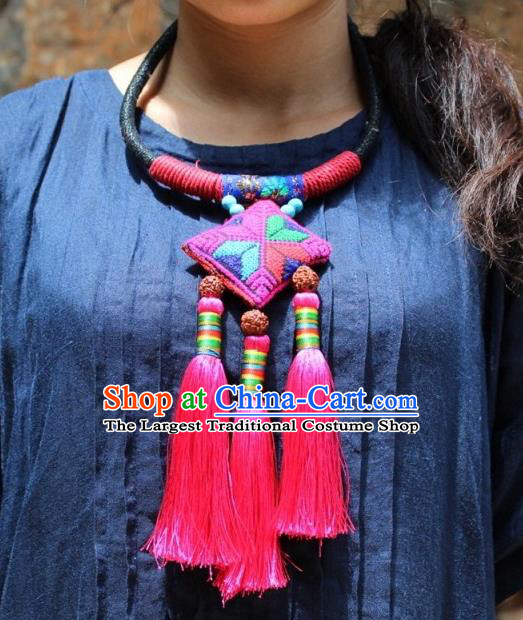 Chinese Handmade Miao Nationality Rosy Tassel Necklace Traditional Minority Ethnic Folk Dance Embroidered Necklet Accessories for Women