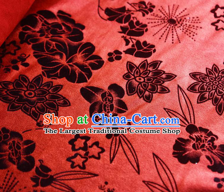 Chinese Traditional Flowers Pattern Design Red Flocking Fabric Velvet Cloth Asian Pleuche Material