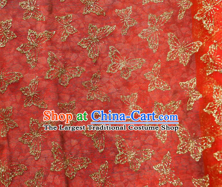 Chinese Traditional Butterfly Pattern Design Red Veil Fabric Cloth Organdy Material Asian Dress Grenadine Drapery