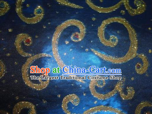 Chinese Traditional Gilding Pattern Design Deep Blue Satin Fabric Cloth Silk Crepe Material Asian Dress Drapery
