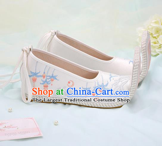 Chinese Ancient Embroidery Enkianthus White Shoes Traditional Court Lady Shoes Embroidered Shoes Princess Satin Shoes Handmade Hanfu Shoes