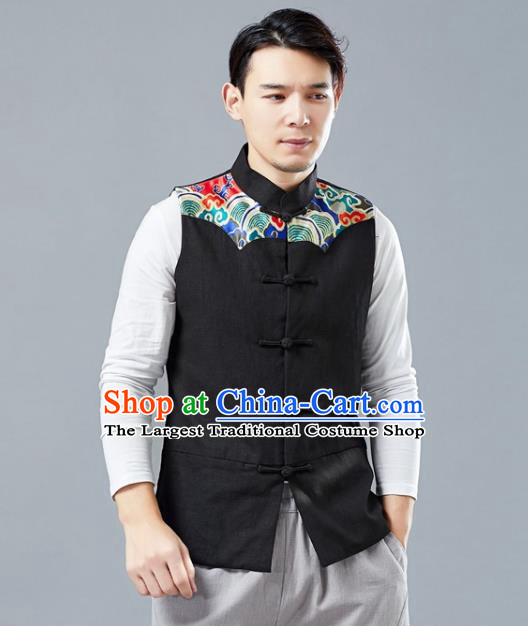 Chinese National Black Vest Traditional Tang Suit Costume Upper Outer Garment Clothing Waistcoat for Men