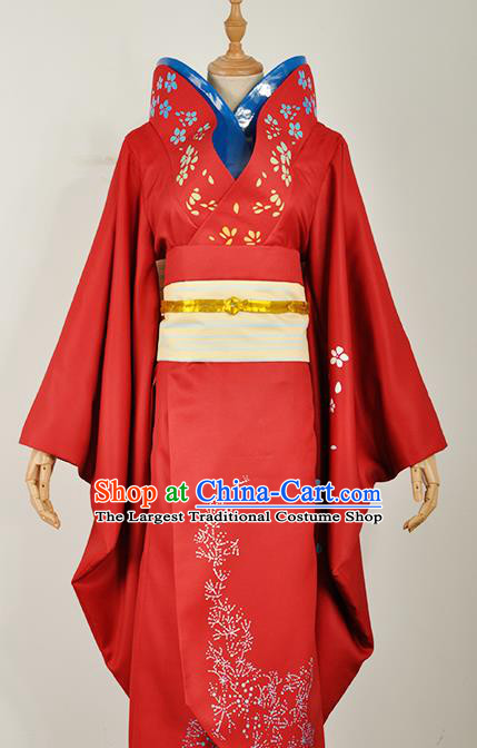 Traditional Japanese Court Wedding Costumes Japan Geisha Red Yukata Dress Furisode Kimono and Belt Complete Set for Women