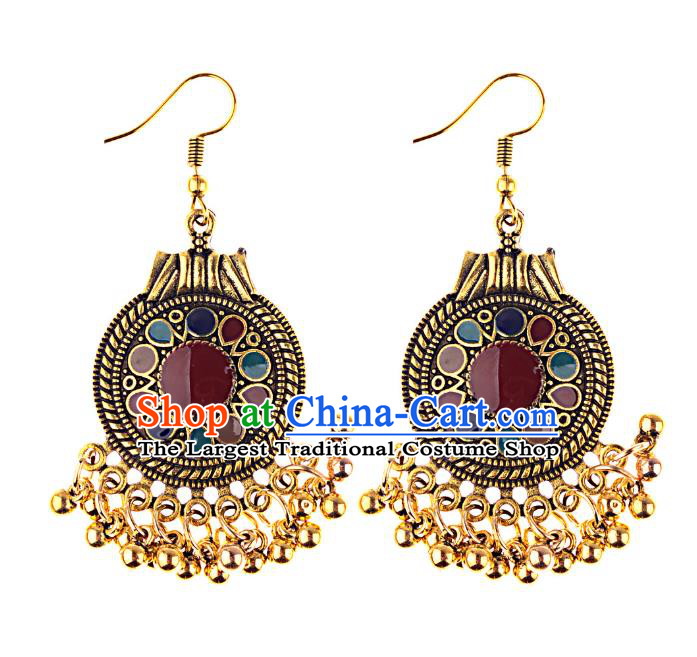 Asian India Traditional Golden Bells Tassel Eardrop Asia Indian Colorful Earrings Belly Dance Jewelry Accessories for Women