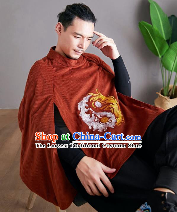 Chinese National Embroidered Red Cloak Traditional Tang Suit Outer Garment Corduroy Coat Costume for Men