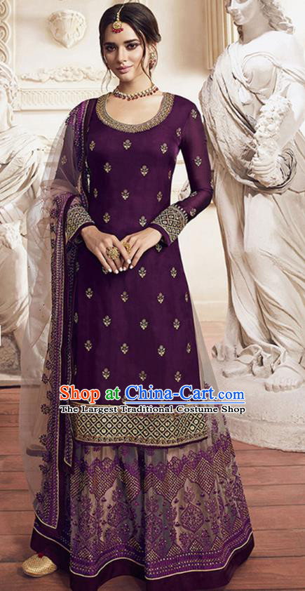 Asian India Traditional Festival Punjab Suits Costumes Asia Indian National Purple Crepe Long Blouse Shawl and Loose Pants Complete Set