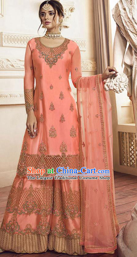 Asian India Traditional Festival Punjab Suits Costumes Asia Indian National Peach Pink Crepe Long Blouse Shawl and Loose Pants Complete Set