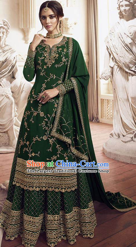 Asian India Traditional Festival Punjab Suits Costumes Asia Indian National Deep Green Crepe Long Blouse Shawl and Loose Pants Complete Set