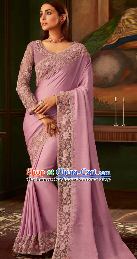 Asian India Bollywood Lilac Silk Saree Dress Asia Indian National Festival Dance Costumes Traditional Court Female Blouse and Sari Full Set