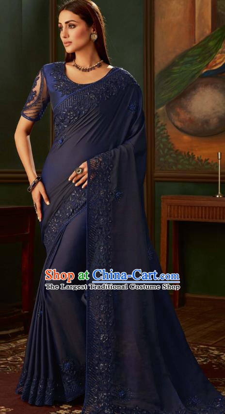 Asian India Bollywood Navy Blue Silk Saree Dress Asia Indian National Festival Dance Costumes Traditional Court Female Blouse and Sari Full Set