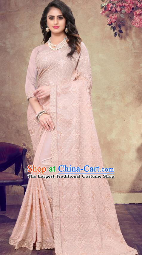 Asian India Festival Bollywood Light Pink Georgette Saree Dress Asia Indian National Dance Costumes Traditional Court Princess Blouse and Sari Full Set