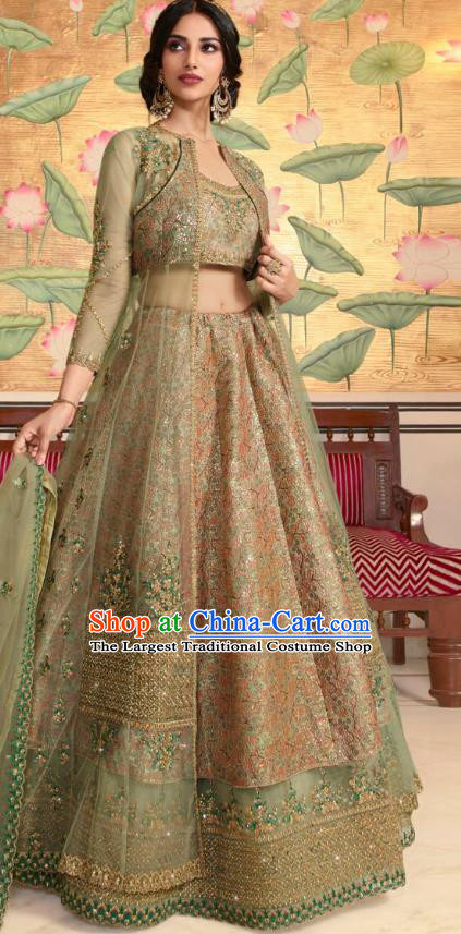 Asian India Wedding Light Green Silk Lehenga Costumes Asia Indian Traditional Festival Bride Embroidered Blouse and Skirt and Sari Complete Set