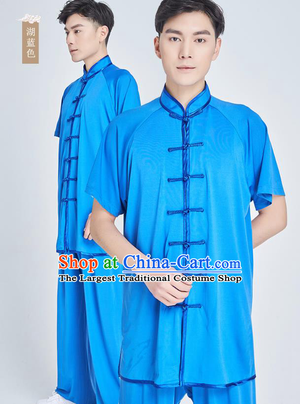 Top Grade Kung Fu Costume Martial Arts Training Lake Blue Milk Fiber Uniform Shaolin Gongfu Tai Ji Clothing for Men
