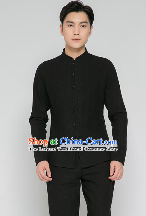 Asian Chinese Traditional Black Flax Shirt and Black Pants Martial Arts Costumes China Kung Fu Outfits for Men