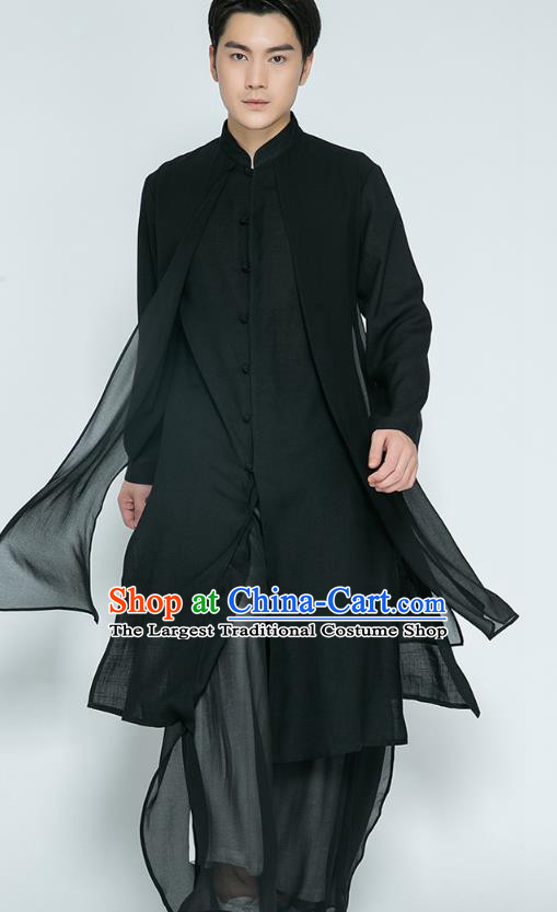 Top Grade Chinese Tai Ji Training Black Cloak Uniforms Kung Fu Martial Arts Costume Shaolin Gongfu Shirt and Pants for Men