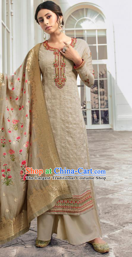 Asian India Traditional Costumes Asia Indian National Festival Punjab Suits Light Brown Silk Long Blouse Shawl and Loose Pants Complete Set