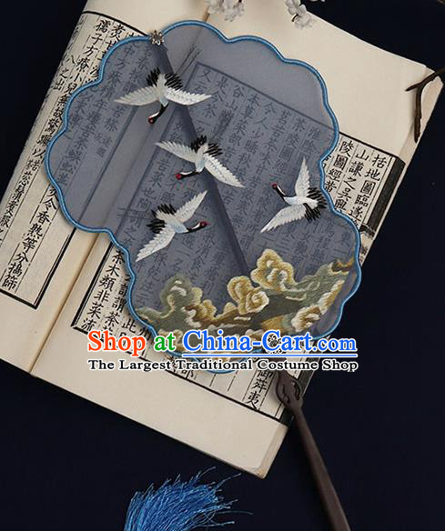 China Traditional Wedding Bride Blue Silk Fan Handmade Double Side Hanfu Fan Suzhou Embroidered Cloud Crane Palace Fan