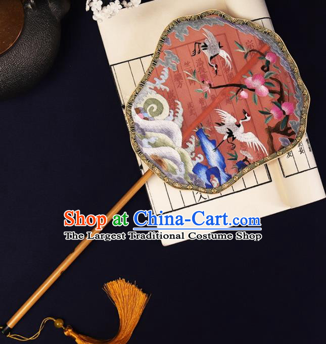 China Traditional Bride Red Silk Fan Handmade Suzhou Embroidered Peach Cranes Palace Fan Double Side Hanfu Fan