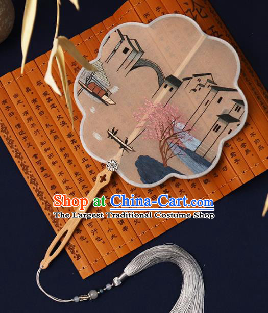 China Embroidered Waterside Palace Fan Handmade Hanfu Fan Traditional Silk Fan