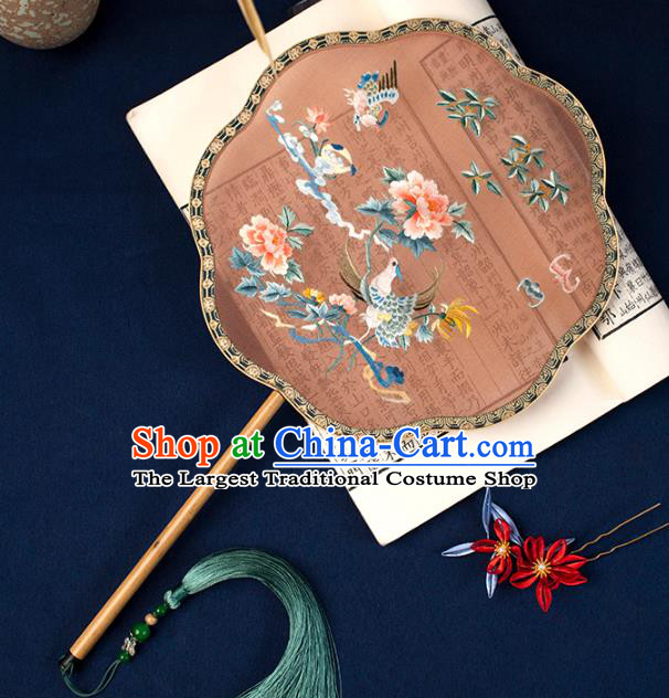 China Handmade Hanfu Fan Traditional Orange Silk Fan Embroidered Phoenix Peony Palace Fan