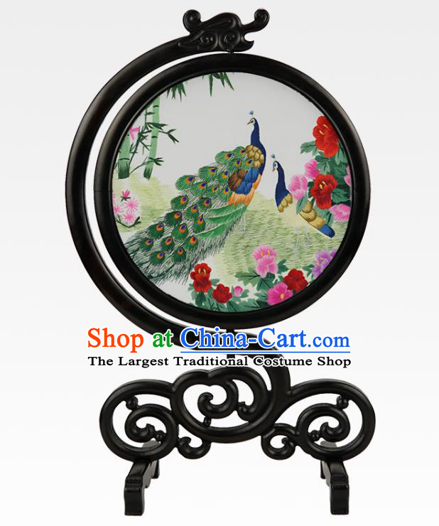 China Handmade Sandalwood Table Ornament Embroidered Peacock Peony Desk Screen Suzhou Embroidery Silk Craft