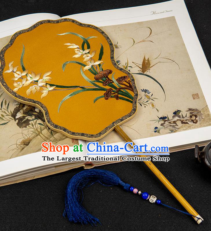 China Handmade Wedding Palace Fan Traditional Embroidered Orchids Fan Classical Hanfu Yellow Silk Fan