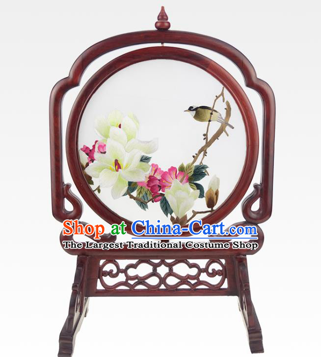 China Handmade Double Side Suzhou Embroidery Silk Craft Embroidered Mangnolia Rosewood Desk Screen