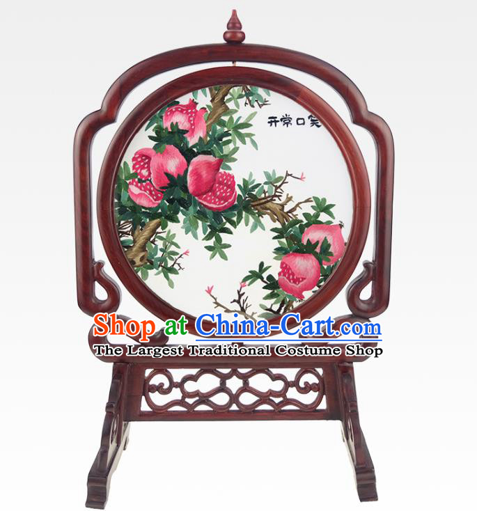 China Embroidered Pomegranate Desk Screen Handmade Rosewood Table Ornament