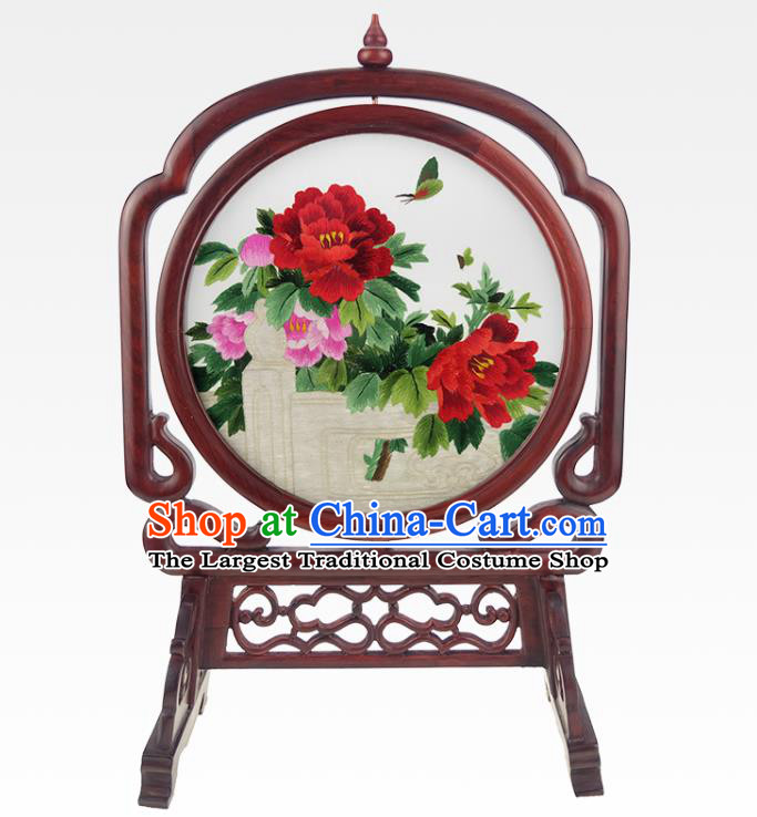 China Traditional Embroidered Peony Desk Screen Handmade Rosewood Table Ornament Craft