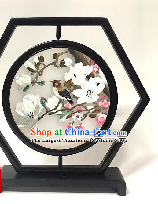 China Embroidered Table Screen Traditional Embroidery Mangnolia Craft Handmade Wenge Ornament