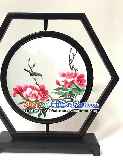 China Embroidered Flowers Bird Wenge Ornament Traditional Embroidery Craft Handmade Hexagon Table Screen