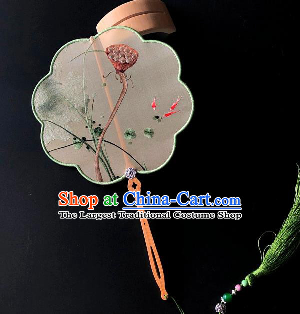 China Suzhou Embroidery Craft Handmade Palace Fan Traditional Hanfu Fan Embroidered Lotus Seedpod Silk Fan
