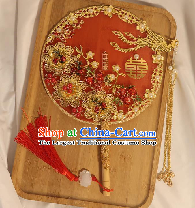 China Handmade Bride Golden Phoenix Palace Fan Traditional Wedding Circular Fan Classical Dance Pomegranate Fan