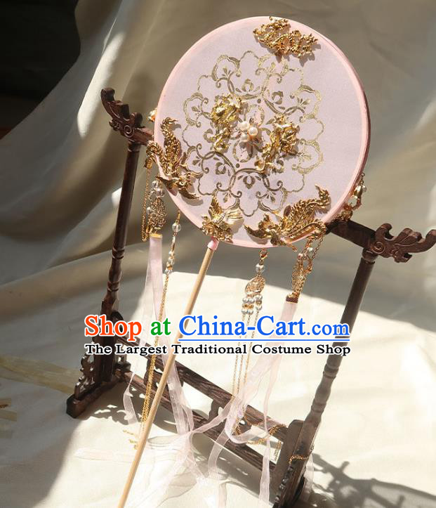 China Ancient Princess Pink Silk Circular Fan Handmade Hanfu Fan Traditional Wedding Ribbon Tassel Palace Fan
