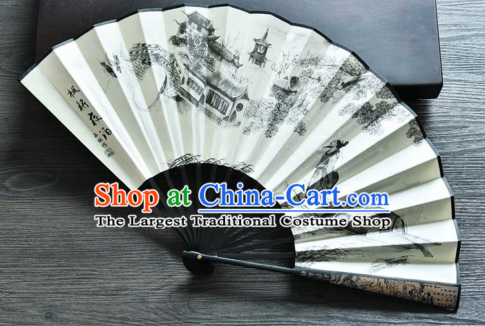 Handmade Chinese Accordion Ink Painting Maple Bridge Night Mooring Folding Fan Silk Fan Carving Bamboo Fan
