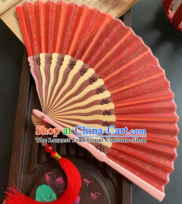 Chinese Handmade Hollowed Bamboo Fan Classical Red Silk Accordion Fans Folding Fan