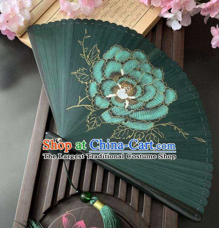 Chinese Classical Dance Accordion Handmade Green Bamboo Fan Printing Peony Folding Fan