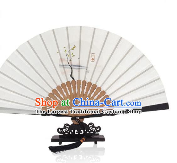 Handmade Slight Heat Accordion Chinese Printing Twenty Four Solar Terms Folding Fan White Silk Fan