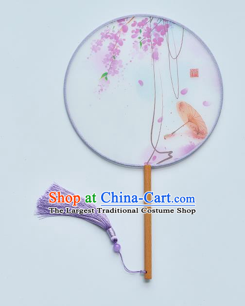 China Traditional Printing Purple Flowers Palace Fan Handmade Beech Fan Classical Dance Silk Fan