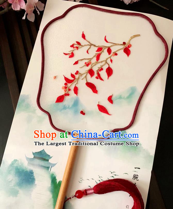 China Traditional Embroidered Red Leaf Palace Fan Handmade Silk Fan Classical Dance Palm Leaf Fan