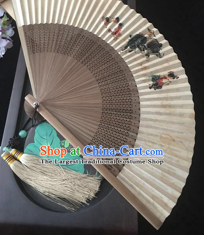 Chinese Brown Bamboo Fan Handmade Painting Shepherd Boy Folding Fan Classical Paper Accordion