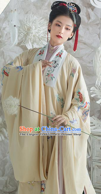 Traditional China Ming Dynasty Noble Lady Historical Clothing Ancient Patrician Beauty Hanfu Apricot Embroidered Cloak